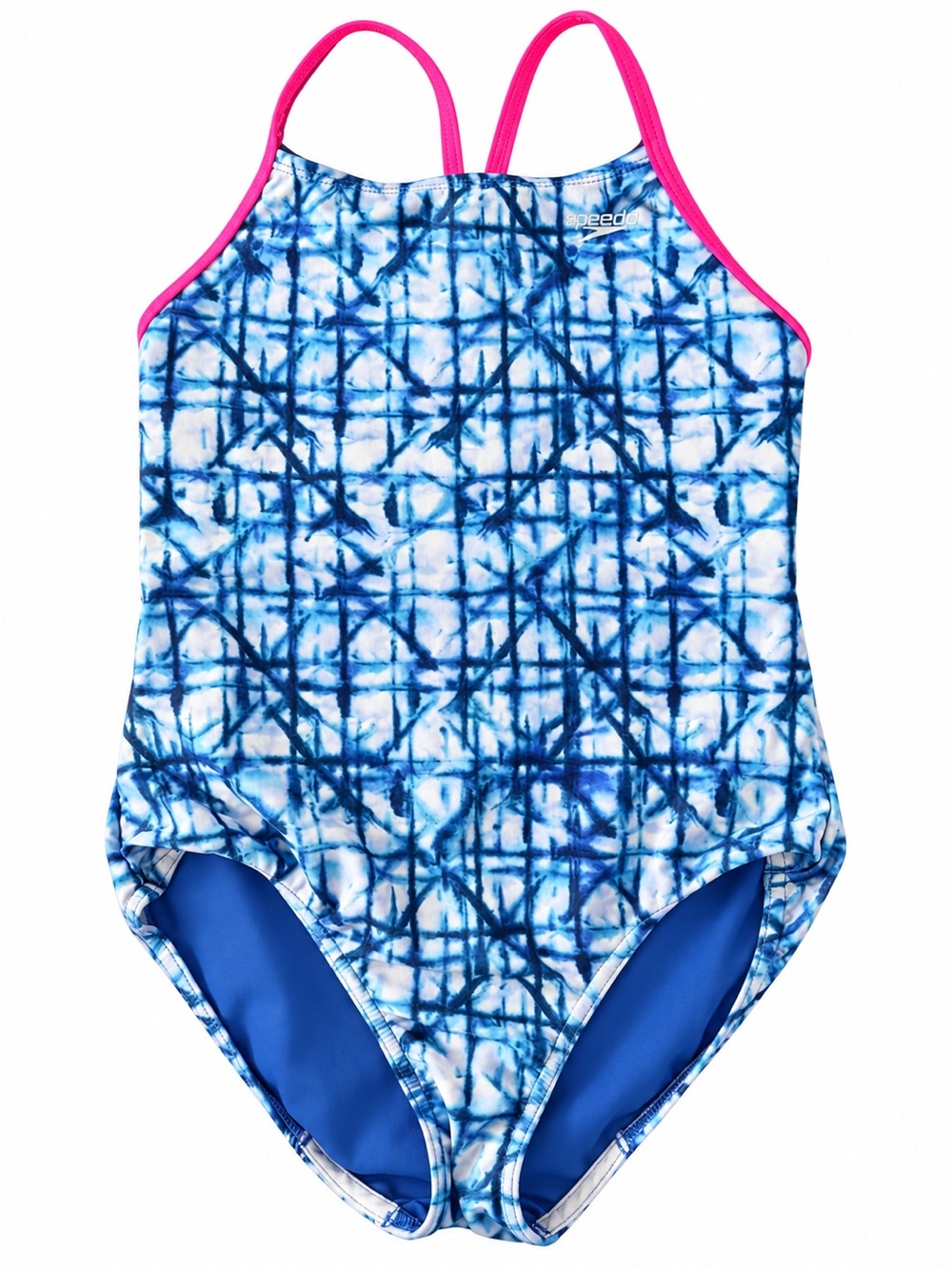 Speedo Girls' Blue Tie-Dye One-Piece Swimsuit with Pink Straps